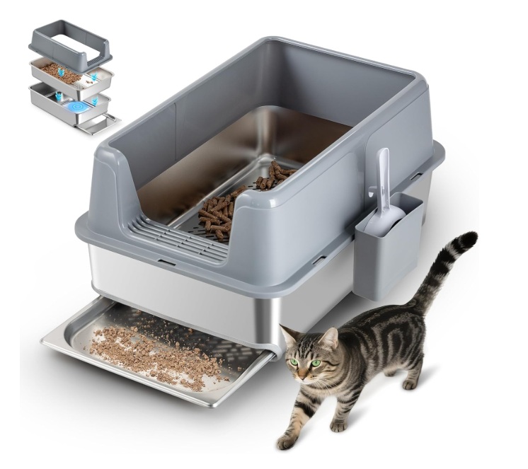 Stainless Steel Sifting Litter Box with Sifter, Pine Pellet Litter Box with Lid for Big Cats renee 100